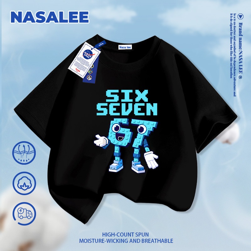[Giao hàng trong ngày] Áo thun Cotton nguyên chất màu xanh hải quân dành cho trẻ em của NASA Không khí ăn cắp một Brainrot No. 67 mẫu tay ngắn dáng rộng thông thường
