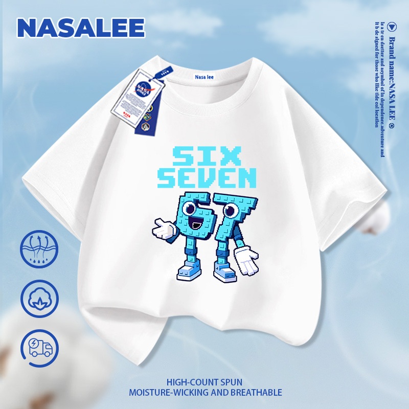 [Giao hàng trong ngày] Áo thun Cotton nguyên chất màu xanh hải quân dành cho trẻ em của NASA Không khí ăn cắp một Brainrot No. 67 mẫu tay ngắn dáng rộng thông thường