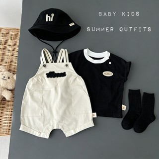 Bộ quần short mùa hè cho bé trai màu đen trắng kèm mũ, chất liệu Cotton, cỡ 66-100