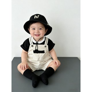 Bộ quần short mùa hè cho bé trai màu đen trắng kèm mũ, chất liệu Cotton, cỡ 66-100