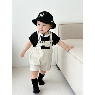 Bộ quần short mùa hè cho bé trai màu đen trắng kèm mũ, chất liệu Cotton, cỡ 66-100