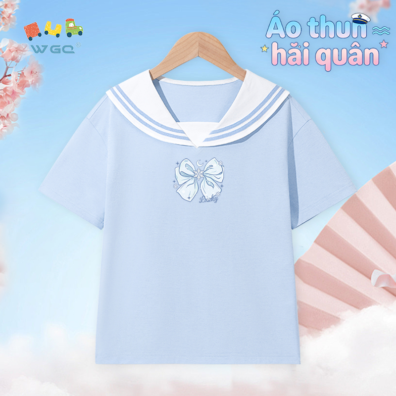 W.G.Q Áo thun bé gái，Thiết kế dây buộc hải quân có in nơ，Phiên bản rộng thoáng khí thoải mái，Phong cách bán chạy mùa hè