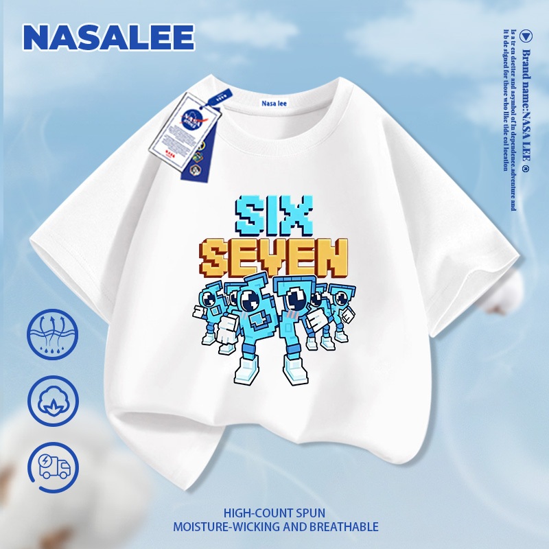 [Giao hàng trong ngày] Áo thun Cotton trắng nguyên chất thoáng khí cho trẻ em của NASA Không khí số. 67 Ăn Trộm Não Đỏ Núi Biển Cổ Điển In Hình Rời Tay Ngắn Thường Ngày