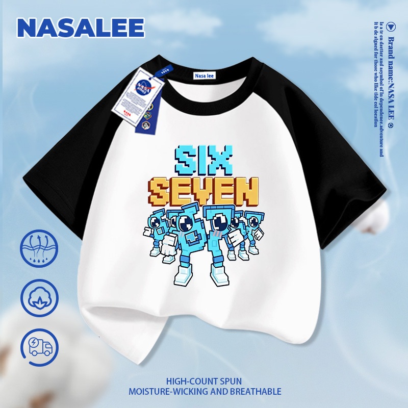 [Giao hàng trong ngày] Áo thun Cotton trắng nguyên chất thoáng khí cho trẻ em của NASA Không khí số. 67 Ăn Trộm Não Đỏ Núi Biển Cổ Điển In Hình Rời Tay Ngắn Thường Ngày