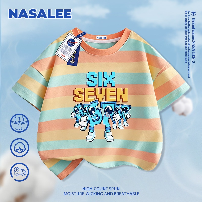 [Giao hàng trong ngày] Áo thun Cotton trắng nguyên chất thoáng khí cho trẻ em của NASA Không khí số. 67 Ăn Trộm Não Đỏ Núi Biển Cổ Điển In Hình Rời Tay Ngắn Thường Ngày