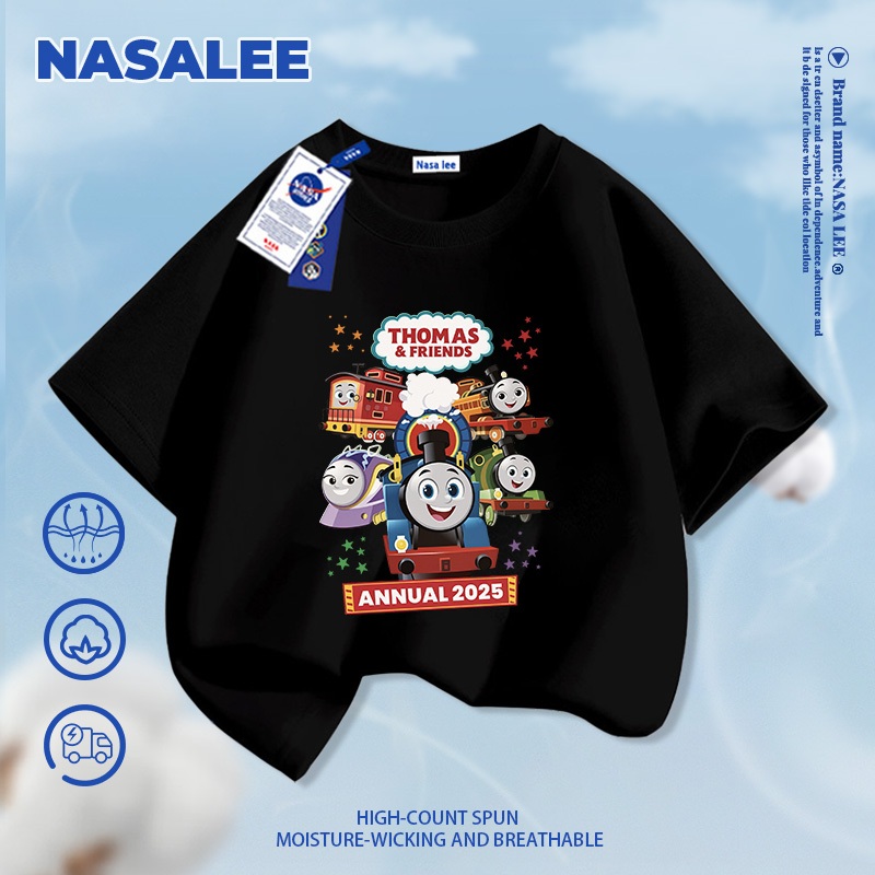 [Giao hàng trong ngày] Áo thun ngắn tay màu xanh đậm cho trẻ em NASA Cotton nguyên chất thoáng khí Quần áo bé trai bé gái Thomas Train Pattern Half-