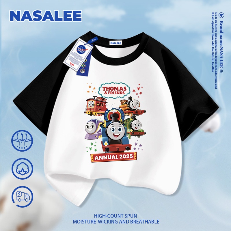 [Giao hàng trong ngày] Áo thun ngắn tay màu xanh đậm cho trẻ em NASA Cotton nguyên chất thoáng khí Quần áo bé trai bé gái Thomas Train Pattern Half-