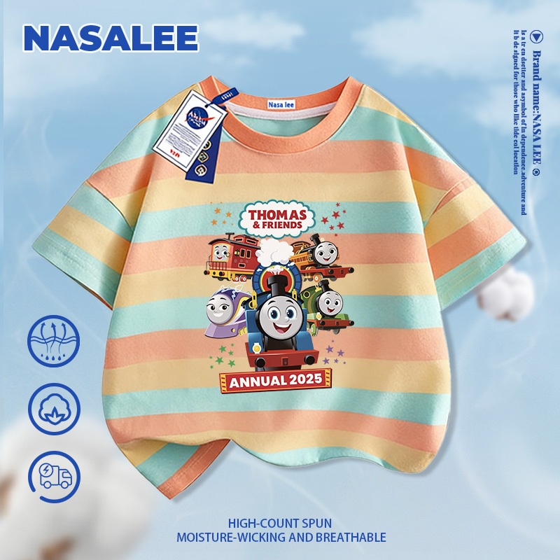 [Giao hàng trong ngày] Áo thun ngắn tay màu xanh đậm cho trẻ em NASA Cotton nguyên chất thoáng khí Quần áo bé trai bé gái Thomas Train Pattern Half-