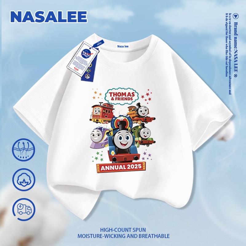 [Giao hàng trong ngày] Áo thun ngắn tay màu xanh đậm cho trẻ em NASA Cotton nguyên chất thoáng khí Quần áo bé trai bé gái Thomas Train Pattern Half-