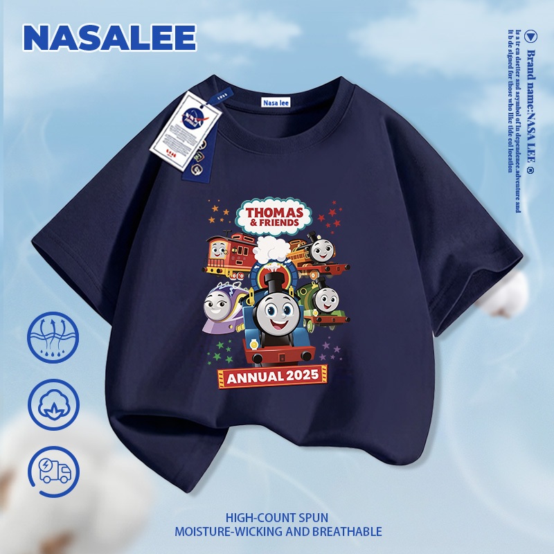 [Giao hàng trong ngày] Áo thun ngắn tay màu xanh đậm cho trẻ em NASA Cotton nguyên chất thoáng khí Quần áo bé trai bé gái Thomas Train Pattern Half-