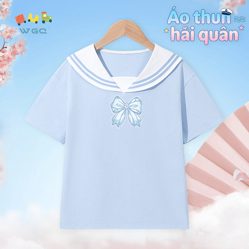 W.G.Q Áo thun bé gái，Thiết kế cổ áo hải quân，dáng rộng vừa vặn thoáng khí thoải mái，Phong cách bán chạy mùa hè có in nơ