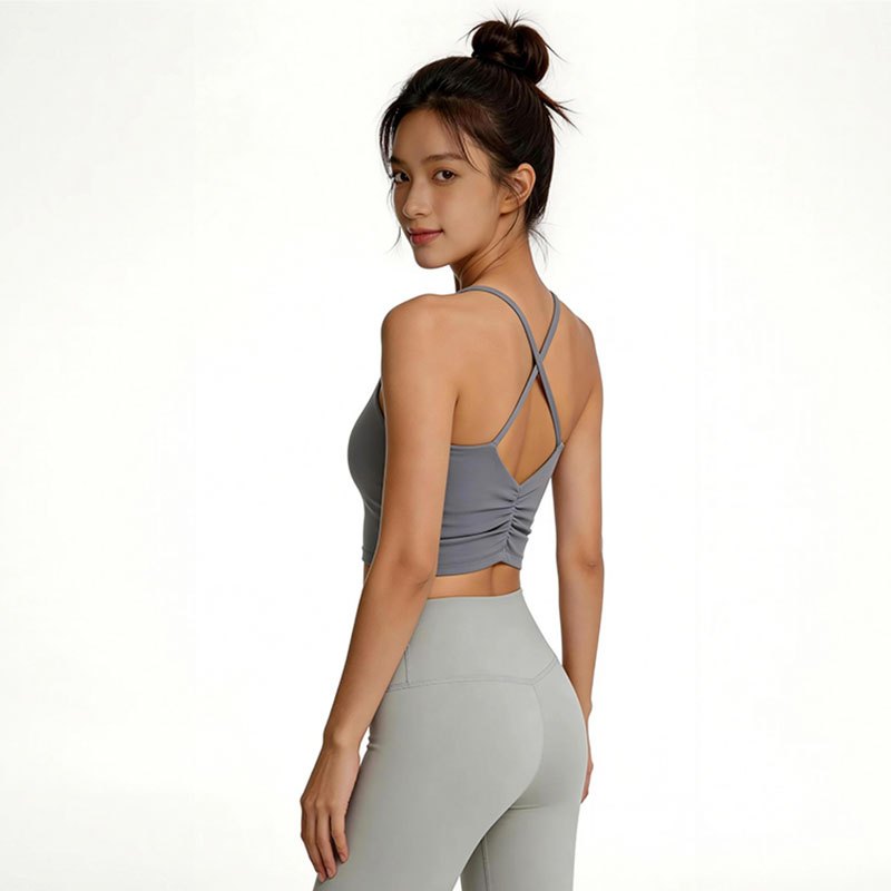 FUYOGI Sports Tank Top Cross Straps Back Shirring Design Tích hợp Áo ngực Yoga Pilates Tập thể dục