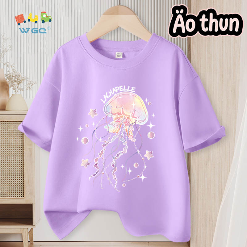 W.G.Q Áo thun bé gái，vải 100% Cotton，mềm mại thoải mái thoáng khí thấm mồ hôi，in hình sứa dễ thương，phong cách bán chạy mùa hè