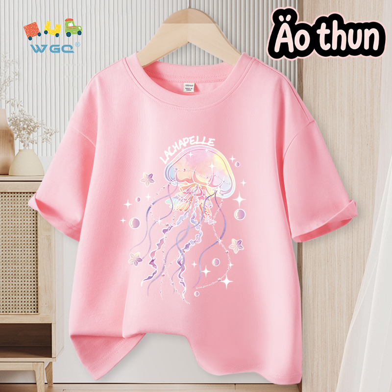 W.G.Q Áo thun bé gái，vải 100% Cotton，mềm mại thoải mái thoáng khí thấm mồ hôi，in hình sứa dễ thương，phong cách bán chạy mùa hè