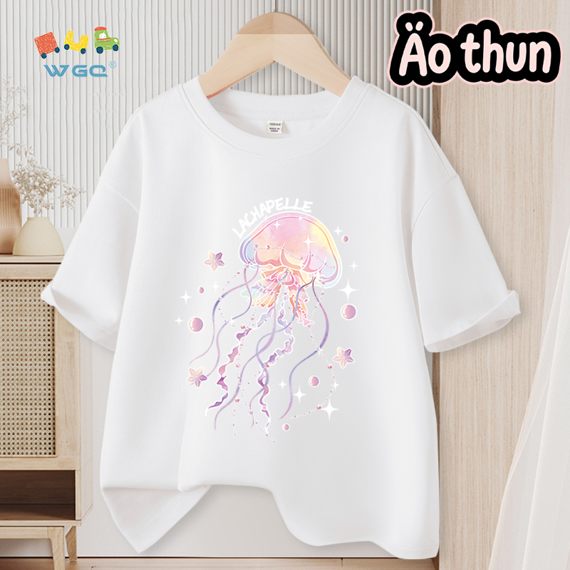 W.G.Q Áo thun bé gái，vải 100% Cotton，mềm mại thoải mái thoáng khí thấm mồ hôi，in hình sứa dễ thương，phong cách bán chạy mùa hè