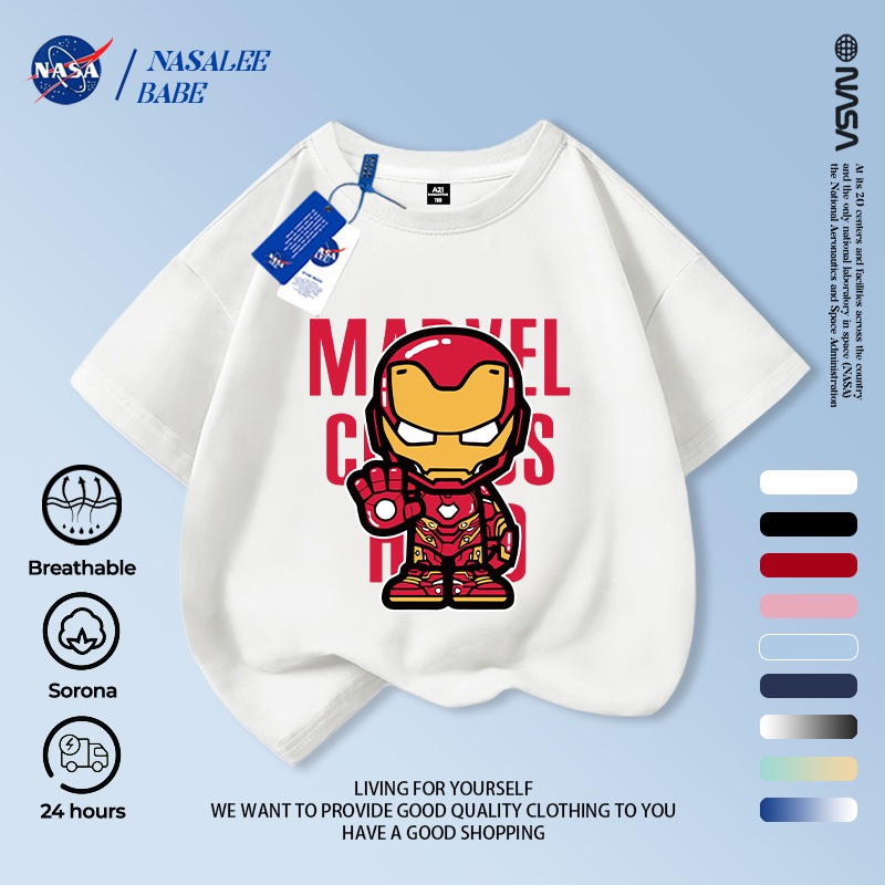 Áo thun ngắn tay mùa hè cotton thoáng khí Marvel Iron Man phiên bản NASA, giao hàng trong 24 giờ