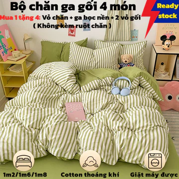 📏 Bộ Chăn Ga Gối 4 Mảnh Cotton Fitted Bedsheet | Ga Giường + 2 Vỏ Gối + Vỏ Chăn | Chăn Ga Gối Nệm ĐỦ SIZE 0.9m/1.2m/1.6m/1.8m/2m | Không Kèm Chăn Bông | Hàng Sẵn Giao Ngay