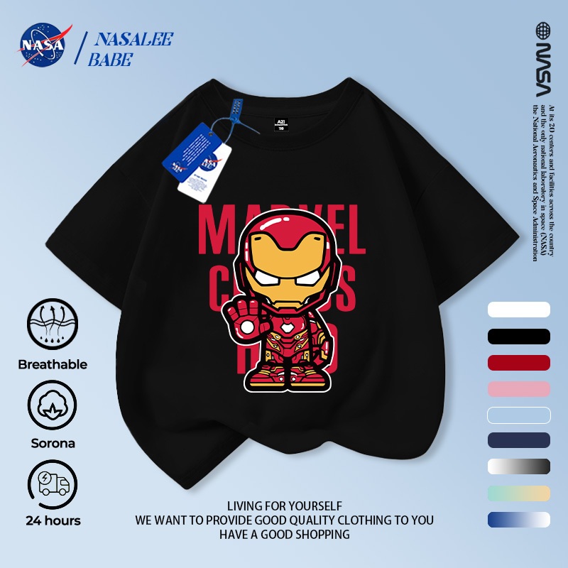 Áo thun ngắn tay mùa hè cotton thoáng khí Marvel Iron Man phiên bản NASA, giao hàng trong 24 giờ