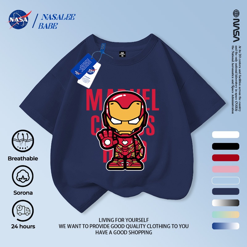 Áo thun ngắn tay mùa hè cotton thoáng khí Marvel Iron Man phiên bản NASA, giao hàng trong 24 giờ