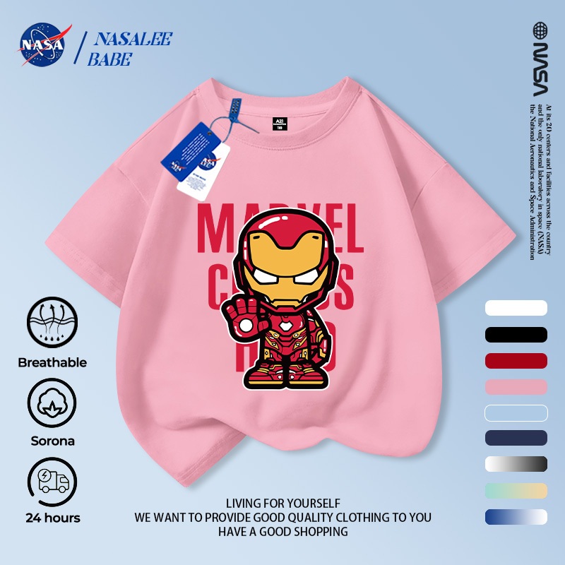 Áo thun ngắn tay mùa hè cotton thoáng khí Marvel Iron Man phiên bản NASA, giao hàng trong 24 giờ