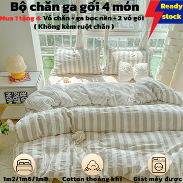 🚀 HÀNG SẴN GIAO NGAY - Bộ Chăn Ga Gối 4 Mảnh Cotton Fitted Bedsheet | Ga Giường + 2 Vỏ Gối + Vỏ Chăn | Chăn Ga Gối Nệm Mềm Mịn | Không Kèm Chăn Bông | Đủ Size 1m2 1m6 1m8 2m