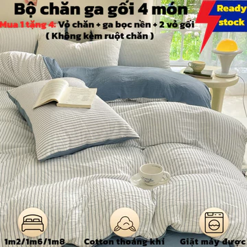 ⭐ Bộ 4 Mảnh Chăn Ga Gối Cotton Fitted Bedsheet | Ga Giường Bọc Nền Đàn Hồi Tốt | 2 Vỏ Gối + Vỏ Chăn | Chăn Ga Gối Nệm Thoáng Khí | Không Kèm Chăn Bông | Hàng Sẵn Giao Ngay | Size 0.9m→2m