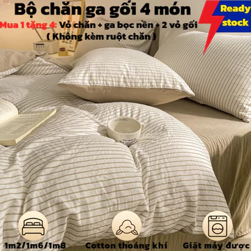 💎 Bộ Chăn Ga Gối Cao Cấp 4 Món | Ga Giường Cotton Fitted Bedsheet Thoáng Mát | 2 Vỏ Gối Mềm Mịn + Vỏ Chăn | Chăn Ga Gối Nệm Bền Đẹp | Không Kèm Chăn Bông | Hàng Sẵn Full Size