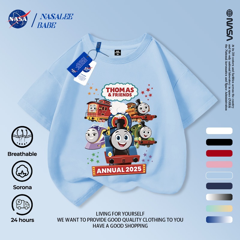 Áo thun NASA kết hợp Thomas & Friends cho nam nữ và trẻ em, chất liệu cotton, tay ngắn mùa hè.