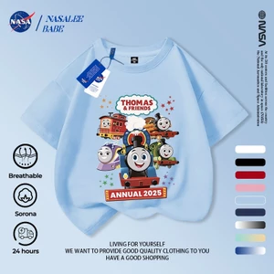 Áo thun NASA kết hợp Thomas & Friends cho nam nữ và trẻ em, chất liệu cotton, tay ngắn mùa hè.