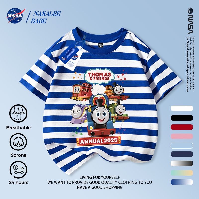 Áo thun NASA kết hợp Thomas & Friends cho nam nữ và trẻ em, chất liệu cotton, tay ngắn mùa hè.