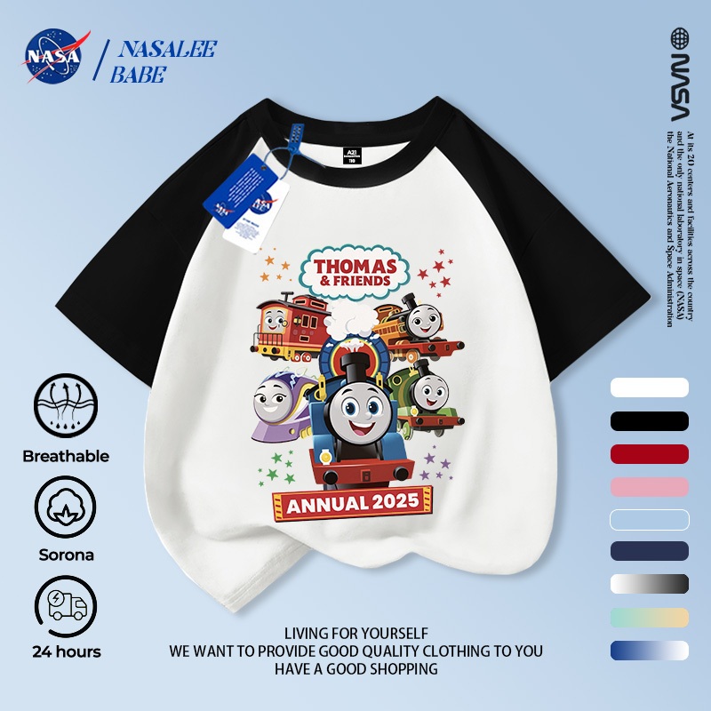 Áo thun NASA kết hợp Thomas & Friends cho nam nữ và trẻ em, chất liệu cotton, tay ngắn mùa hè.