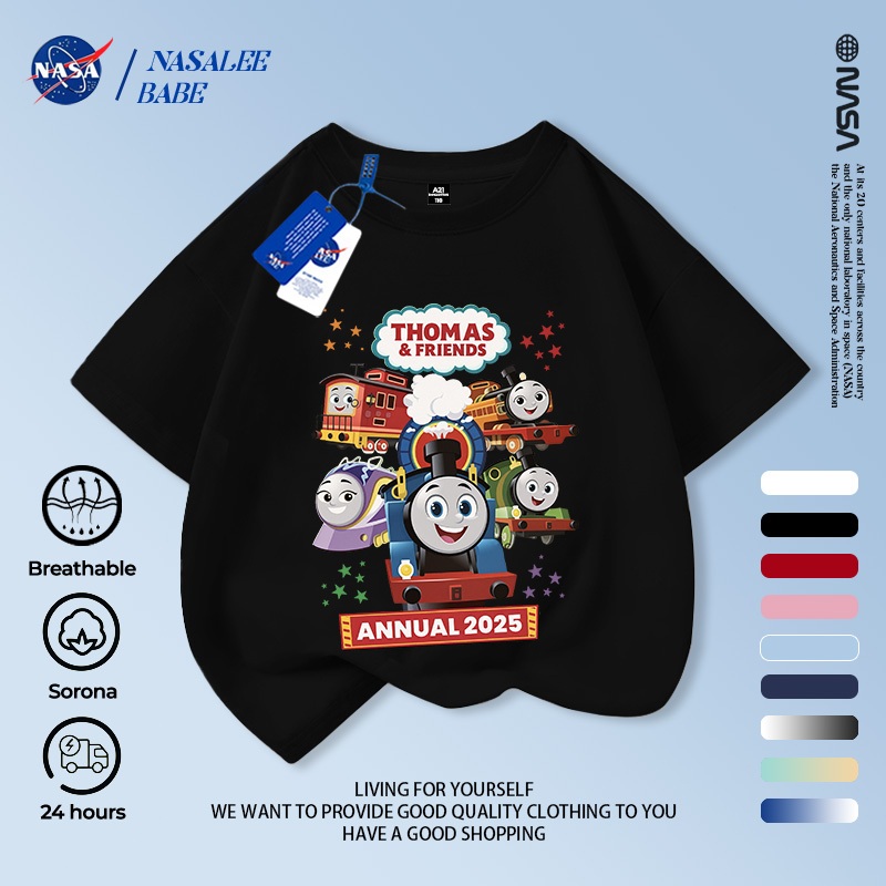 Áo thun NASA kết hợp Thomas & Friends cho nam nữ và trẻ em, chất liệu cotton, tay ngắn mùa hè.