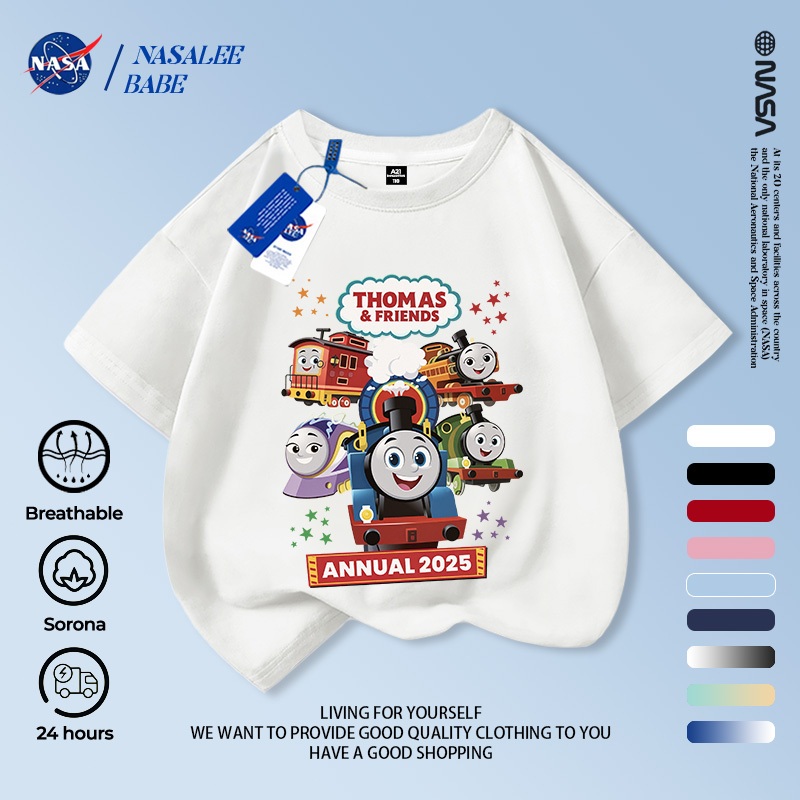 Áo thun NASA kết hợp Thomas & Friends cho nam nữ và trẻ em, chất liệu cotton, tay ngắn mùa hè.