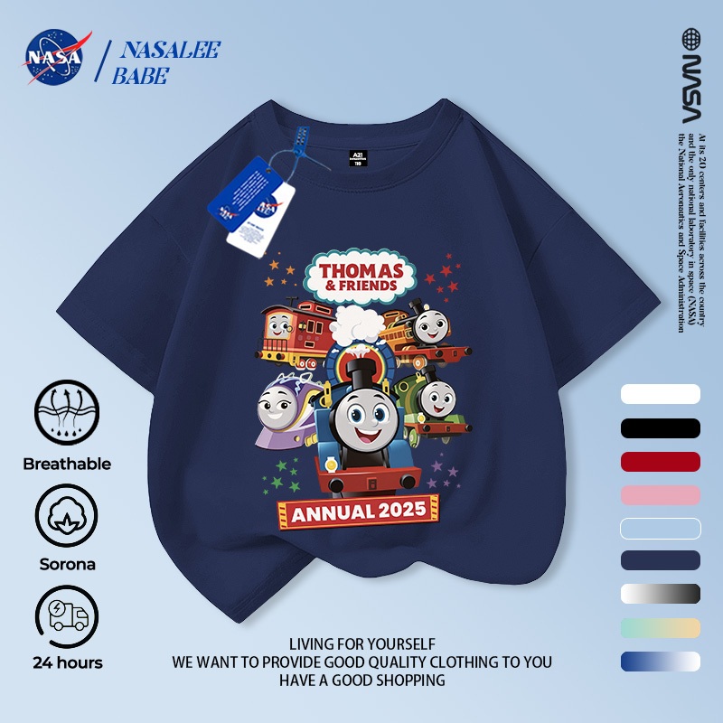 Áo thun NASA kết hợp Thomas & Friends cho nam nữ và trẻ em, chất liệu cotton, tay ngắn mùa hè.