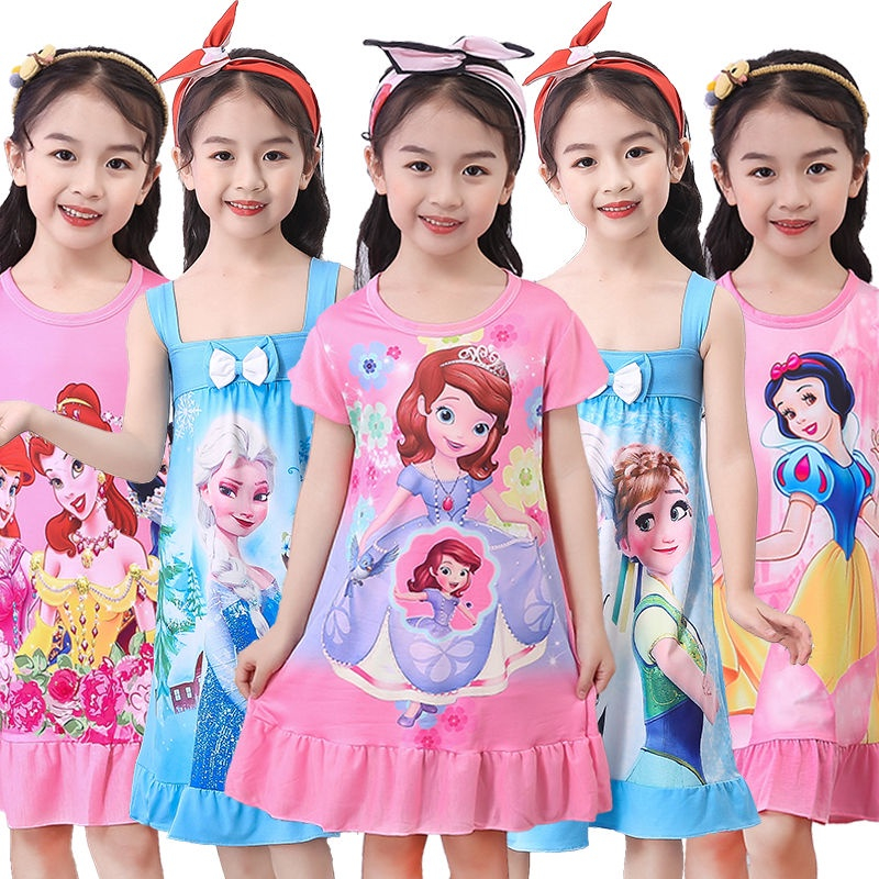 Bộ Đồ Ngủ Trẻ Em Mùa Hè Tay Ngắn Váy Ngủ Bé Gái Frozen Váy Ngủ Công Chúa Elsa Đầm Sling Bé Gái Váy Bé Gái Homewear Mùa Hè Cotton Nguyên Chất Bộ Đồ Ngủ
