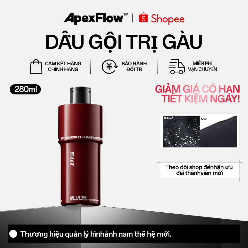 Dầu gội chống gàu ApexFlow Black Label-Giảm ngứa da đầu, dịu dàng, sửa chữa tóc hư tổn lông tơ 280ml