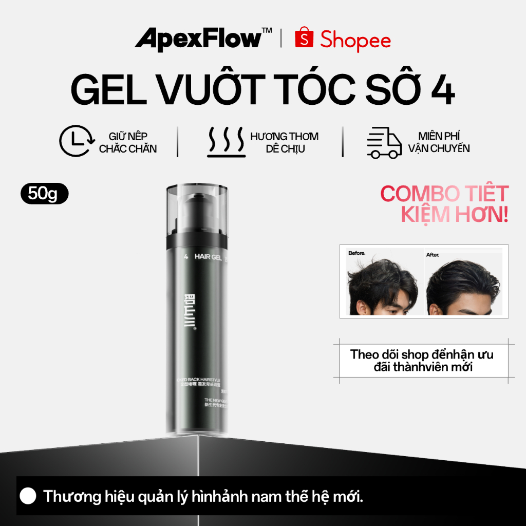 ApexFlow Số 4 Gel Tạo Kiểu Tóc - Hiệu Ứng Ướt 24H Khô Chậm Giữ Nếp Lâu, Chống Mồ Hôi Không Bết Dính