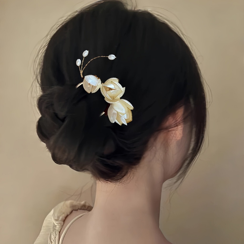 Kẹp tóc hình hoa mộc lan và chữ U, phong cách Trung Hoa mới với đầu kẹp bóng loáng