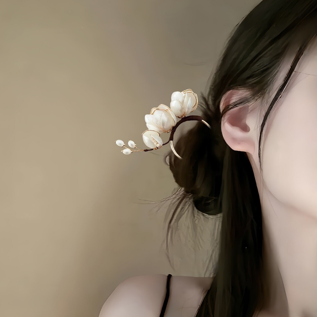 Kẹp tóc hình hoa mộc lan và chữ U, phong cách Trung Hoa mới với đầu kẹp bóng loáng