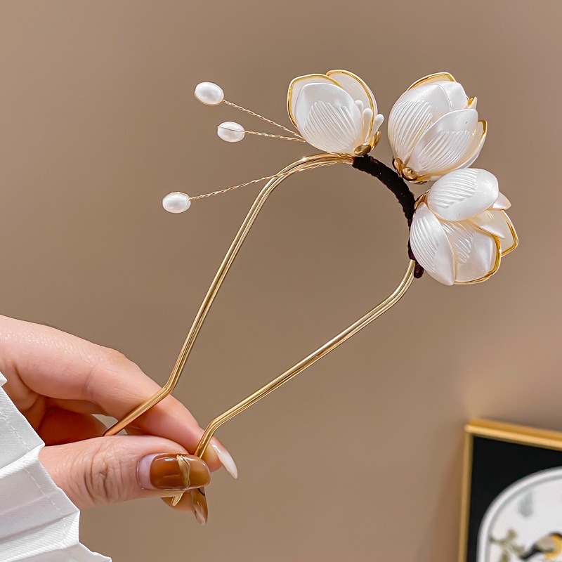 Kẹp tóc hình hoa mộc lan và chữ U, phong cách Trung Hoa mới với đầu kẹp bóng loáng