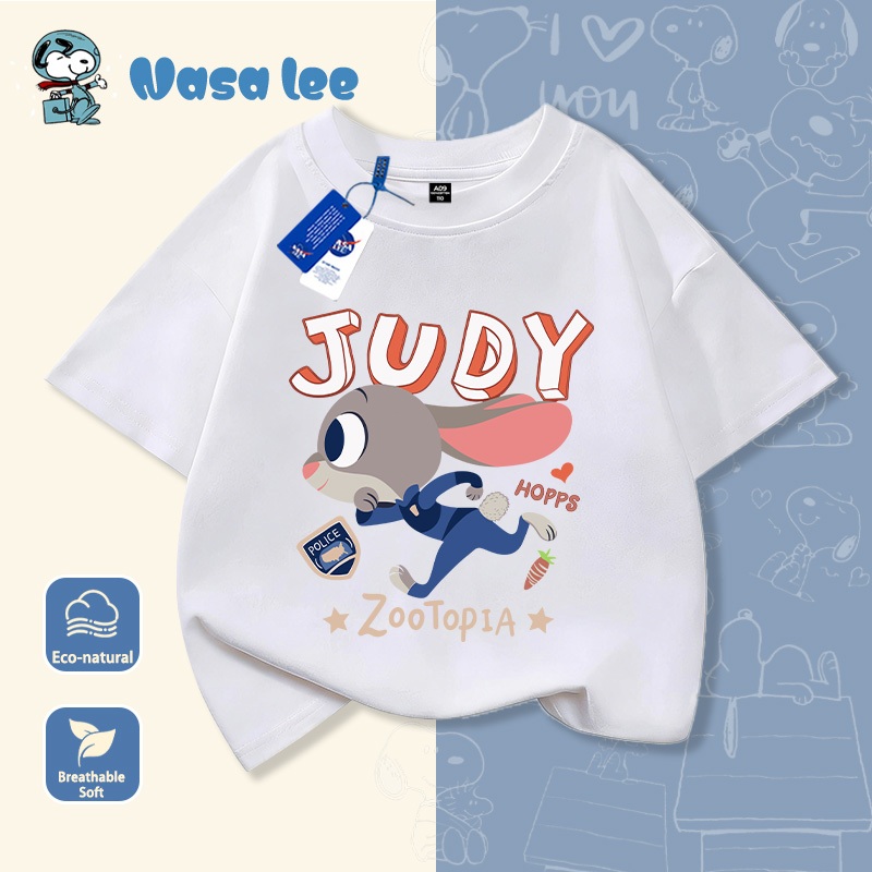 เสื้อยืดแขนสั้นคอตตอนแท้สำหรับเด็กผู้หญิงลาย NASA รุ่นใหม่ปี 2026 แฟชั่น Zootopia เสื้อผ้าเด็กแขนสั้นฤดูร้อน