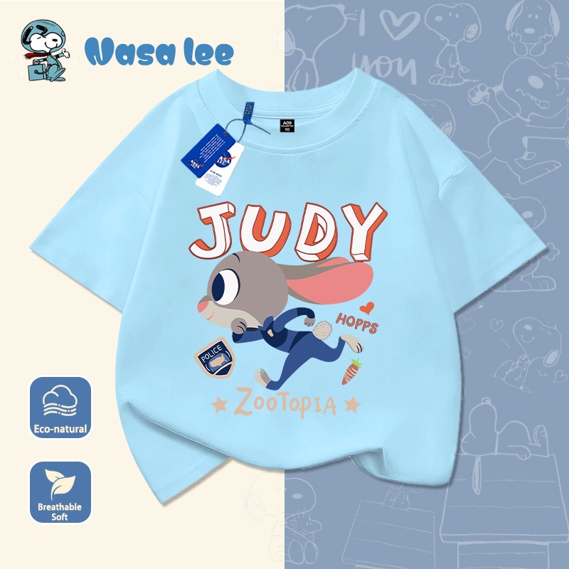 เสื้อยืดแขนสั้นคอตตอนแท้สำหรับเด็กผู้หญิงลาย NASA รุ่นใหม่ปี 2026 แฟชั่น Zootopia เสื้อผ้าเด็กแขนสั้นฤดูร้อน