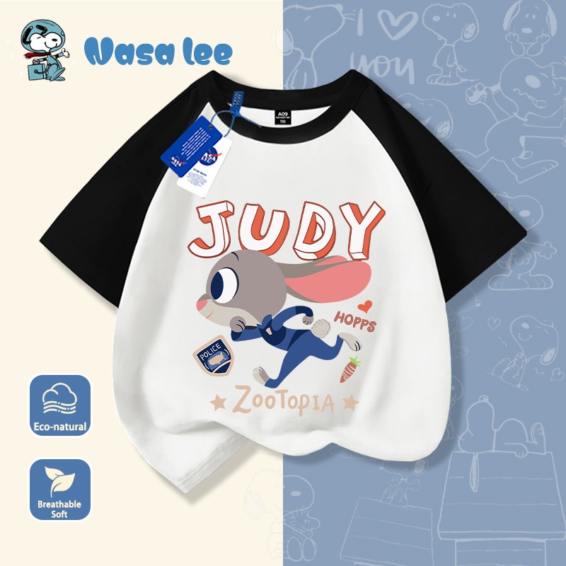 เสื้อยืดแขนสั้นคอตตอนแท้สำหรับเด็กผู้หญิงลาย NASA รุ่นใหม่ปี 2026 แฟชั่น Zootopia เสื้อผ้าเด็กแขนสั้นฤดูร้อน