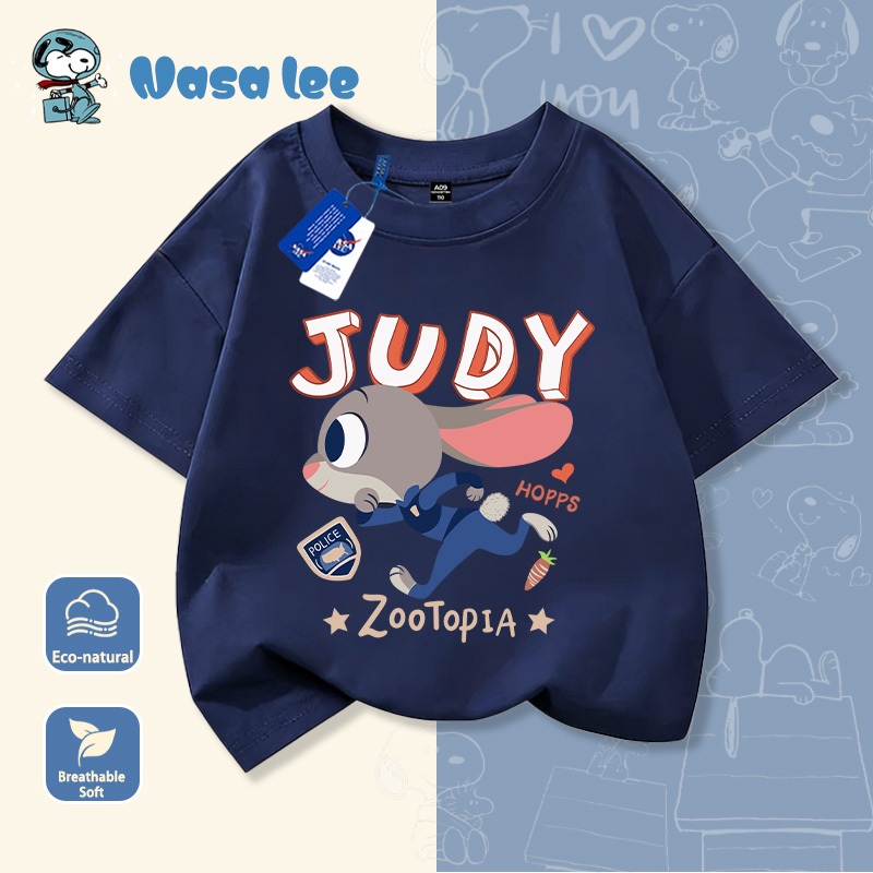 เสื้อยืดแขนสั้นคอตตอนแท้สำหรับเด็กผู้หญิงลาย NASA รุ่นใหม่ปี 2026 แฟชั่น Zootopia เสื้อผ้าเด็กแขนสั้นฤดูร้อน