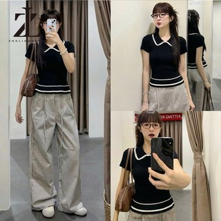 ZHELIHANGFEI Áo len xoè viền ren có triết eo dáng tiểu thư