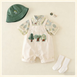Toyskid8 Bộ áo liền quần ngắn Cotton cho bé Bộ quần yếm cây hoạt hình có mũ xô màu xanh lá cây