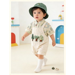 Toyskid8 Bộ áo liền quần ngắn Cotton cho bé Bộ quần yếm cây hoạt hình có mũ xô màu xanh lá cây