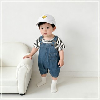 Bộ quần yếm Denim cho bé trai Bộ áo thun Cotton sọc Mũ lưỡi trai cỡ 66-90