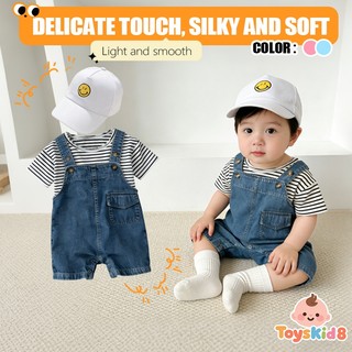 Bộ quần yếm Denim cho bé trai Bộ áo thun Cotton sọc Mũ lưỡi trai cỡ 66-90