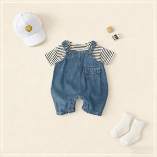Bộ quần yếm Denim cho bé trai Bộ áo thun Cotton sọc Mũ lưỡi trai cỡ 66-90